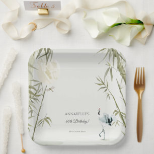 Elegant Oriental Bamboo Crane Birthday Party Paper Plate