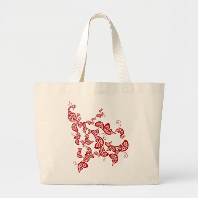 Elegant Oriental Chic Chinese Red Floral Peacock Large Tote Bag (Front)