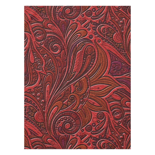 Elegant Oriental Floral Swirl on Red Leather Tablecloth (Front)