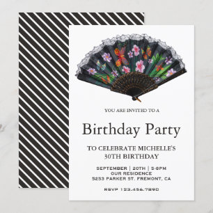 Elegant Oriental Japanese Floral Fan Birthday Invitation
