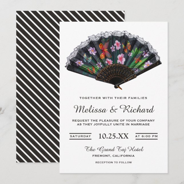 Elegant Oriental Japanese Floral Fan Wedding Invitation (Front/Back)