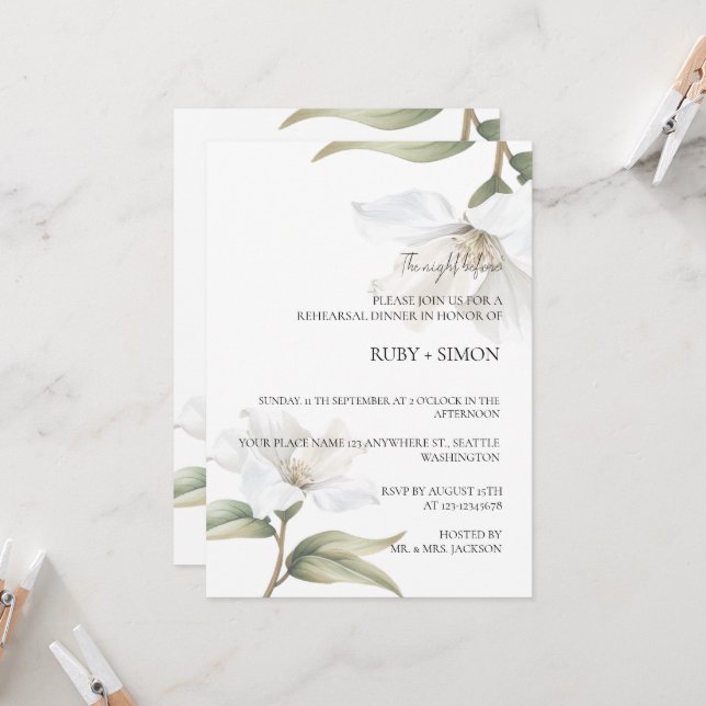 Elegant Oriental Magnolia Rehearsal Dinner Invitation (Front/Back In Situ)