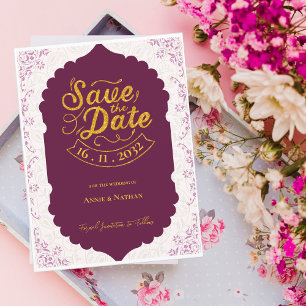 Elegant Oriental Motif Pattern Burgundy Wedding  Announcement Postcard