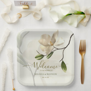 Elegant Oriental White Magnolia Wedding Paper Plate