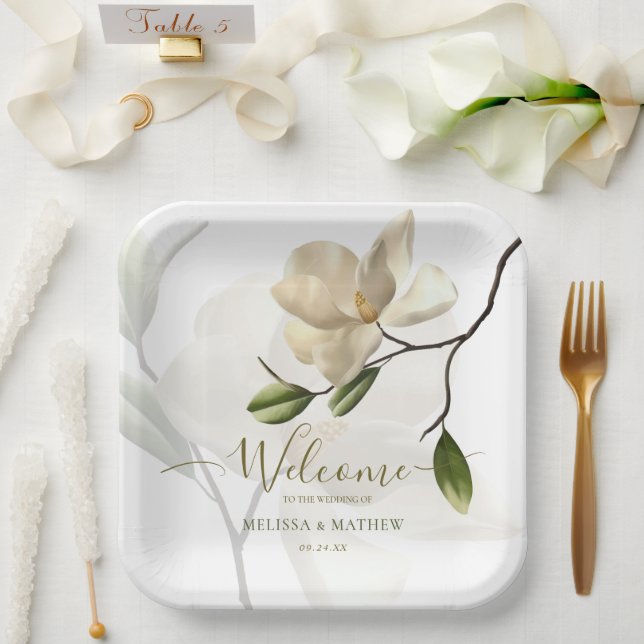 Elegant Oriental White Magnolia Wedding Paper Plate (Wedding)