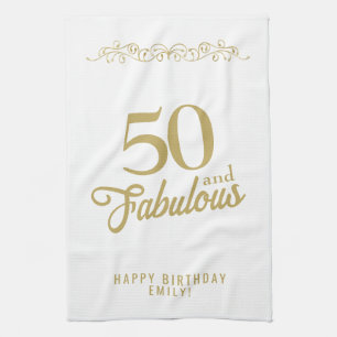Elegant Ornament 50 and Fabulous 50th Birthday Tea Towel