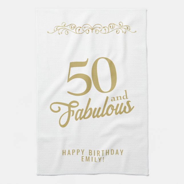 Elegant Ornament 50 and Fabulous 50th Birthday Tea Towel (Vertical)