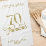 Elegant Ornament 70 and Fabulous 70th Birthday  Tea Towel<br><div class="desc">Elegant Ornament 70 and Fabulous 70th Birthday kitchen towel. 70 and fabulous saying in trendy golden script and a gold ornament. Personalise it with your name and the age.</div>