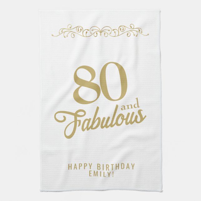 Elegant Ornament 80 and Fabulous 80th Birthday Tea Towel (Vertical)