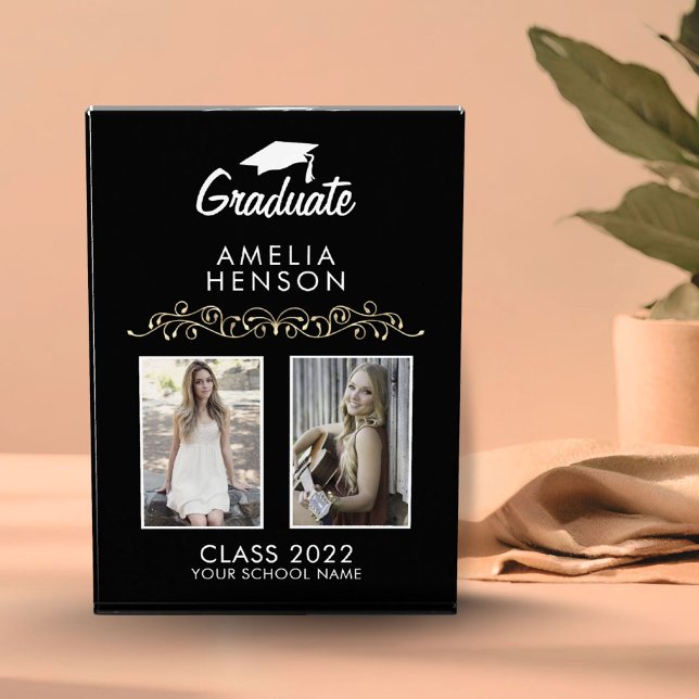 Elegant Ornament Black Graduation Keepsake 2 Photo Block (Creator Uploaded)