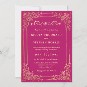 Elegant Ornament Gold Frame on Pink Wedding Invitation