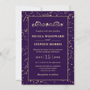 Elegant Ornament Gold Frame on Purple Wedding Invitation