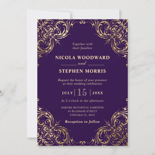 Elegant Ornament Gold Frame on Purple Wedding Invitation (Front)