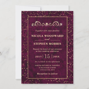 Elegant Ornament Gold Frame Pink Marble Wedding Invitation