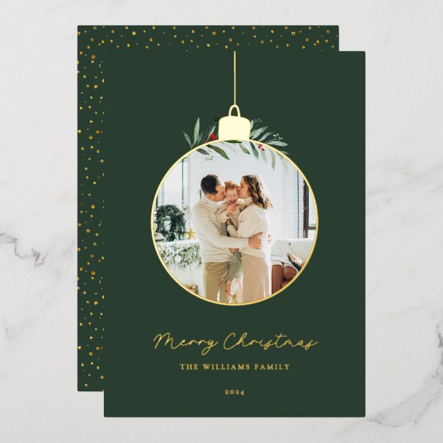 Elegant Ornament Merry Christmas Photo  Foil Holiday Card (Front/Back)
