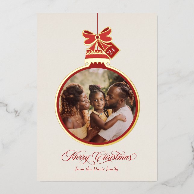 Elegant Ornament Merry Christmas Red Gold Photo Foil Holiday Card (Front)