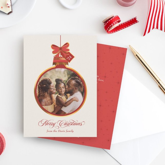 Elegant Ornament Merry Christmas Red Gold Photo Holiday Card (Creator Uploaded)