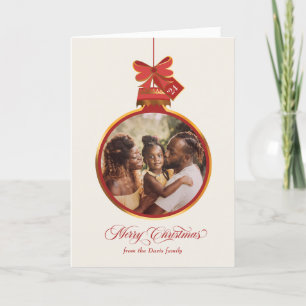 Elegant Ornament Merry Christmas Red Gold Photo Holiday Card