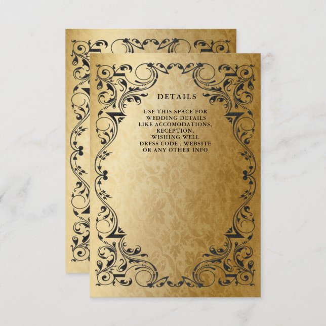 Elegant Ornamental Black Gold Wedding Details Enclosure Card (Front/Back)