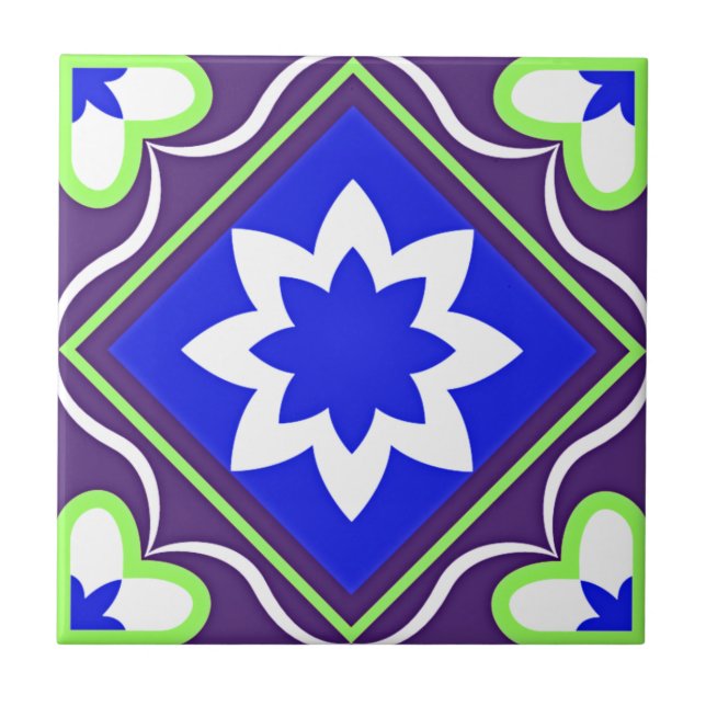 Elegant Ornamental Blue White Purple Green Tile (Front)