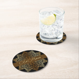 Elegant Ornamental Gold and Black Eid Mubarak Round Paper Coaster