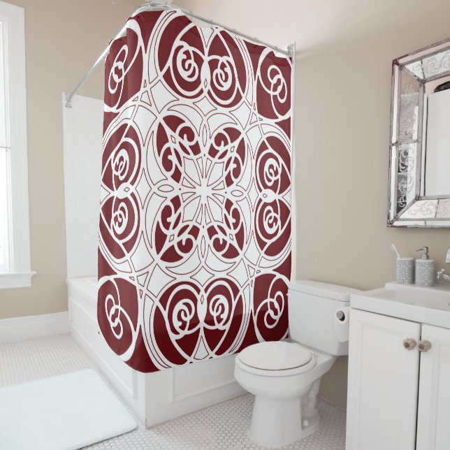 Elegant, ornamental, modern, burgundy, white shower curtain (In Situ)