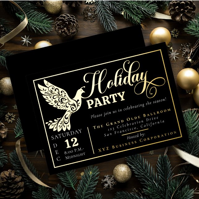 Elegant Ornamental Peace Dove Holiday Party Gold (Ornamental peace dove in shimmering gold foil on black for an elegant holiday celebration.)