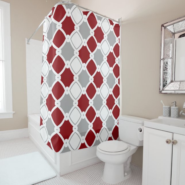 Elegant ornamental, white, burgundy, grey shower curtain (In Situ)