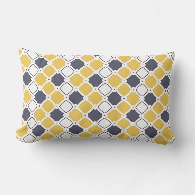 Elegant ornamental, white, navy blue, yellow lumbar cushion (Front)