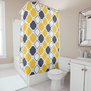 Elegant ornamental, white, navy blue, yellow shower curtain