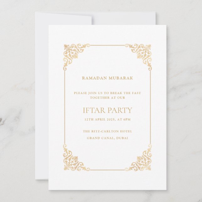 Elegant Ornate Baroque Gold Script Iftar Party Invitation (Front)