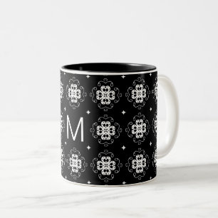 Elegant Ornate Black and White Pattern Monogram Two-Tone Coffee Mug