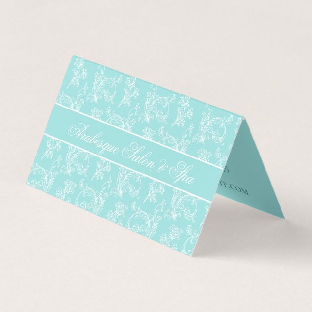 Elegant Ornate Blue and White Folded Business Card (Front)