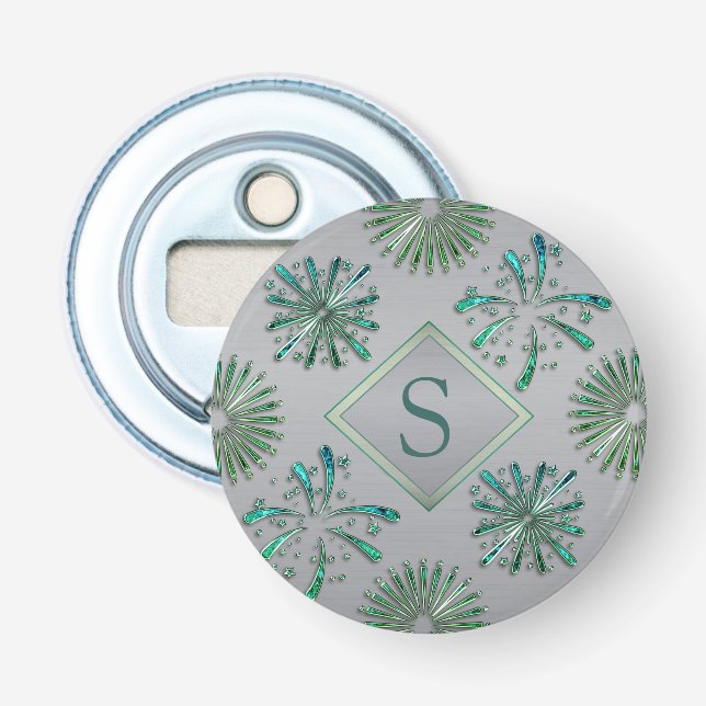 Elegant Ornate Blue Green Pattern Monogram Bottle Opener (Front)