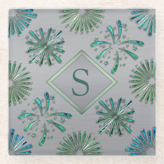 Elegant Ornate Blue Green Pattern Monogram Glass Coaster (Front)