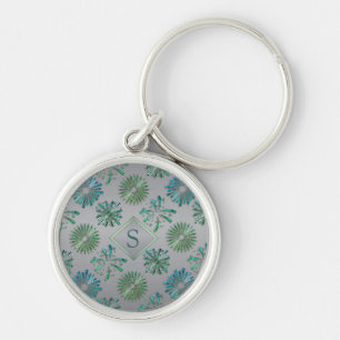 Elegant Ornate Blue Green Pattern Monogram Key Ring