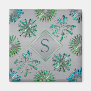 Elegant Ornate Blue Green Pattern Monogram Magnet