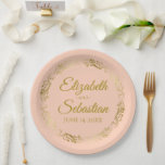 Elegant Ornate Border Coral Peach & Gold Wedding Paper Plate<br><div class="desc">These beautiful coral, peach, or pale orange coloured paper plates feature a simple yet elegant design with an ornate faux foil gold floral border and space to enter the names of the couple and the wedding date. Fully customisable. Perfect for a bridal shower, casual reception, rehearsal dinner, or any other...</div>
