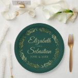 Elegant Ornate Border Emerald Green & Gold Wedding Paper Plate<br><div class="desc">These beautiful emerald green coloured paper plates feature a simple yet elegant design with an ornate faux foil gold floral border and space to enter the names of the couple and the wedding date. Fully customisable. Perfect for a bridal shower, casual reception, rehearsal dinner, or any other wedding related event....</div>