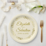 Elegant Ornate Border Gold & Cream Wedding Paper Plate<br><div class="desc">These beautiful ivory cream coloured paper plates feature a simple yet elegant design with an ornate faux foil gold floral border and space to enter the names of the couple and the wedding date. Fully customisable. Perfect for a bridal shower, casual reception, rehearsal dinner, or any other wedding related event....</div>
