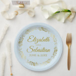 Elegant Ornate Border Light Blue & Gold Wedding Paper Plate<br><div class="desc">These beautiful pale dusty blue coloured paper plates feature a simple yet elegant design with an ornate faux foil gold floral border and space to enter the names of the couple and the wedding date. Fully customisable. Perfect for a bridal shower, casual reception, rehearsal dinner, or any other wedding related...</div>