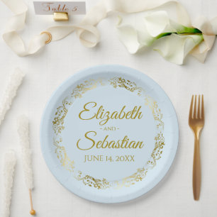 Elegant Ornate Border Light Blue & Gold Wedding Paper Plate