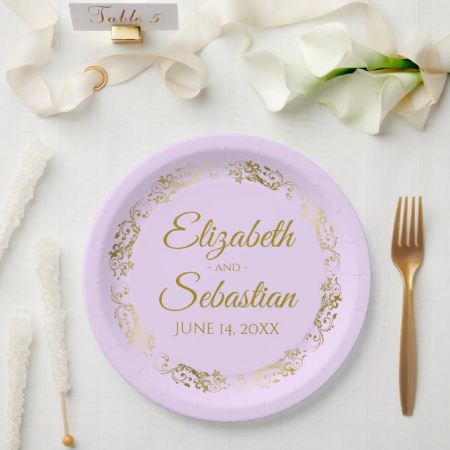 Elegant Ornate Border Lilac Purple & Gold Wedding Paper Plate (Wedding)