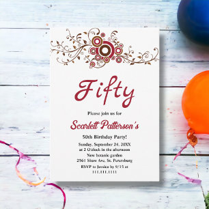 Elegant Ornate Burgundy Leaves Fall 50th Birthday Invitation