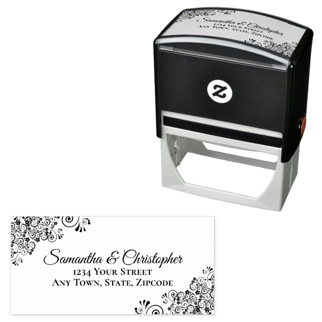 Elegant Ornate Corners Wedding Address Self-inking Stamp (In Situ)
