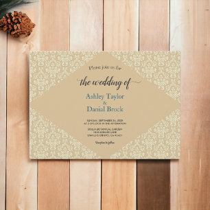 Elegant Ornate Damask Script Beige Classic Wedding Invitation