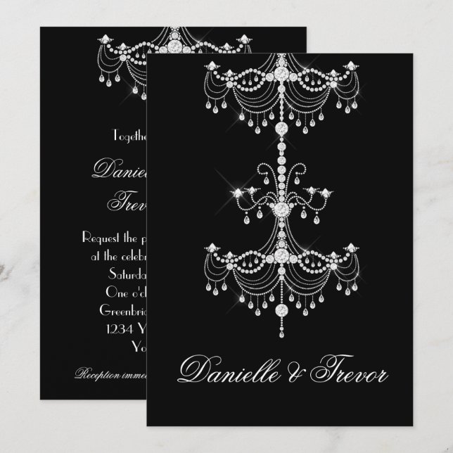 Elegant Ornate Diamond Chandelier on Black Wedding Invitation (Front/Back)
