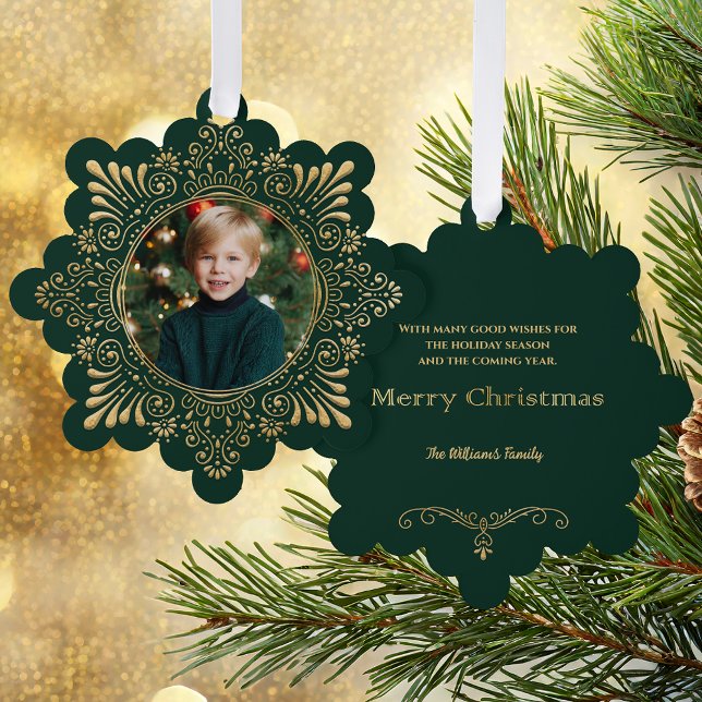Elegant Ornate Faux Hammered Gold Photo-Green Tree Decoration Card (Creator Uploaded)