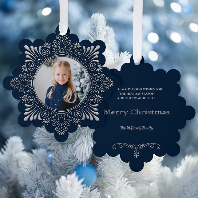Elegant Ornate Faux Hammered Silver Photo-Blue Tree Decoration Card (Creator Uploaded)