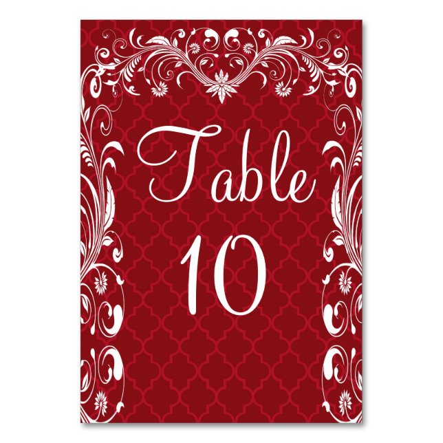 Elegant Ornate Flourish Red Wedding Table Cards (Front)